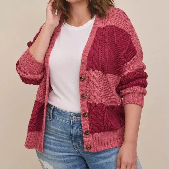 Torrid Two-Tone Pink Cable Cardigan V-neck Sweater 00 Large - Picture 1 of 7